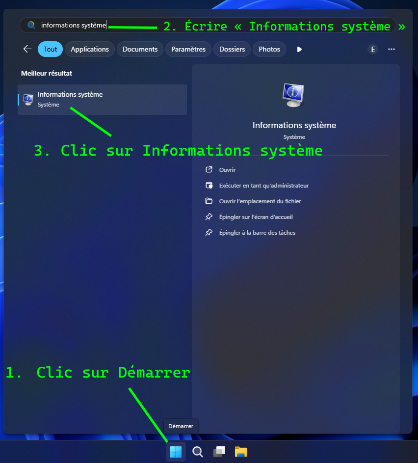 Étapes 1 à 3 : cliquer sur Démarrer, écrire Informations système et ouvrir le résultat