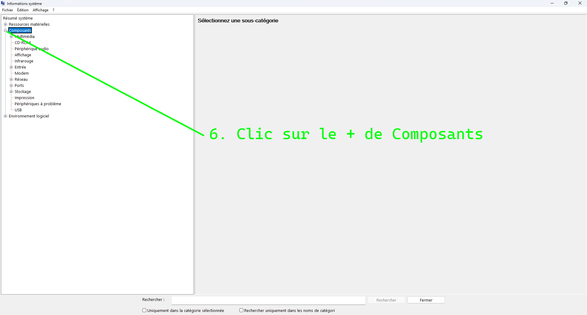 Étape 6 : cliquer sur le + à côté de Composants
