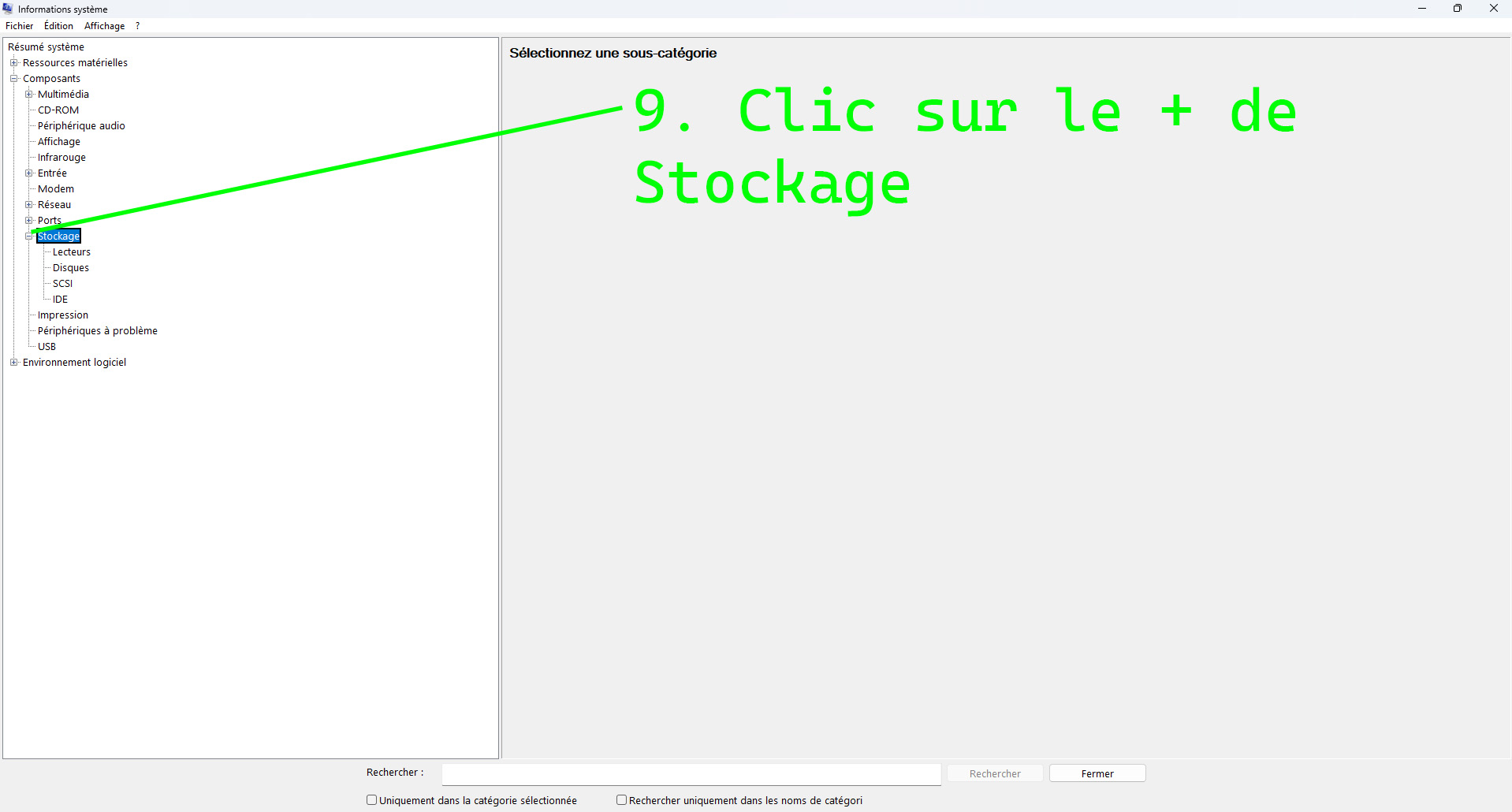 Étape 9 : cliquer sur le + à côté de Stockage