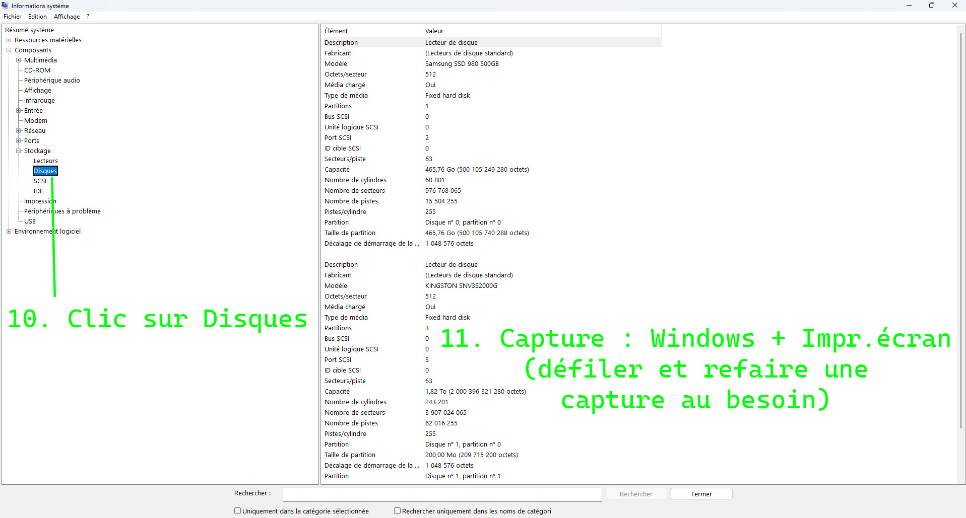 Étapes 10 et 11 : cliquer sur Disques et capturer la liste des disques